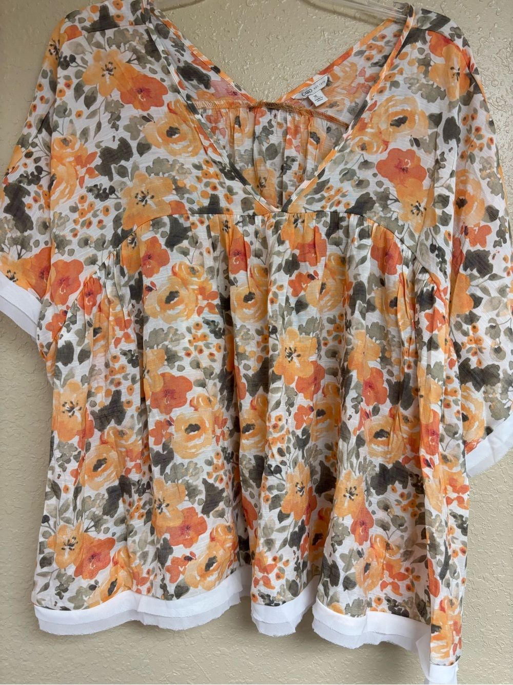 Cato Floral V-Neck Tunic Top - Orange, Cream & Brown